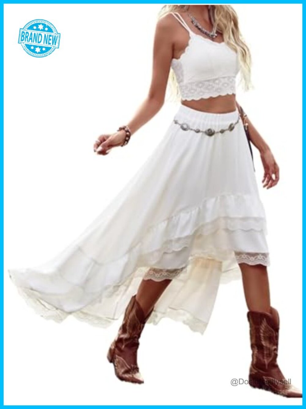 Viscose High Low Ruffle Lace Asymmetrical Boho Maxi Skirt